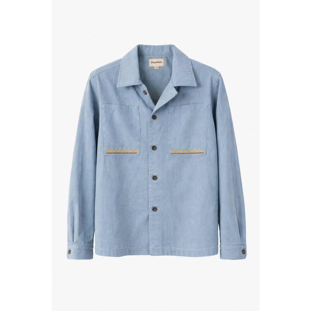 Rhythm Blue Denim Embroidered Pockets Shirt Jacket Cotton Workwear Chore Size S
